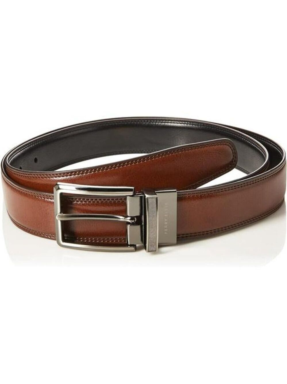 Mens reversible leather belt black brown dress casual stitched silver buckle